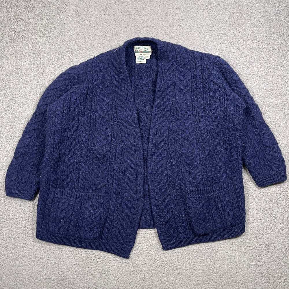 VTG Aran Crafts Sweater Womens XL Petite Open Cardigan Merino Wool Ireland Made